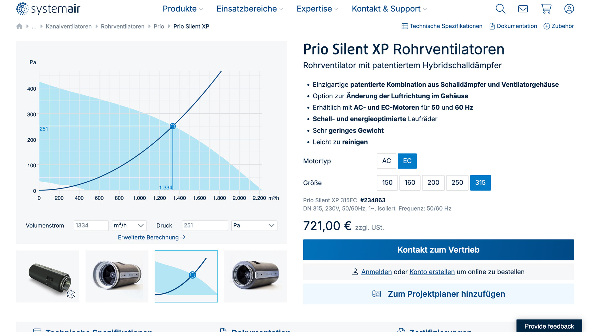 Product page with variant selection, technical data and performance chart